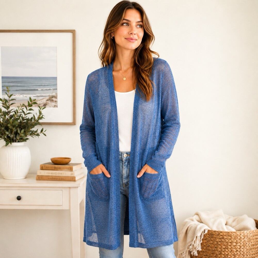 J Jill Womens Light & Long Linen Blend Open Front Cardigan - Blue, Size S